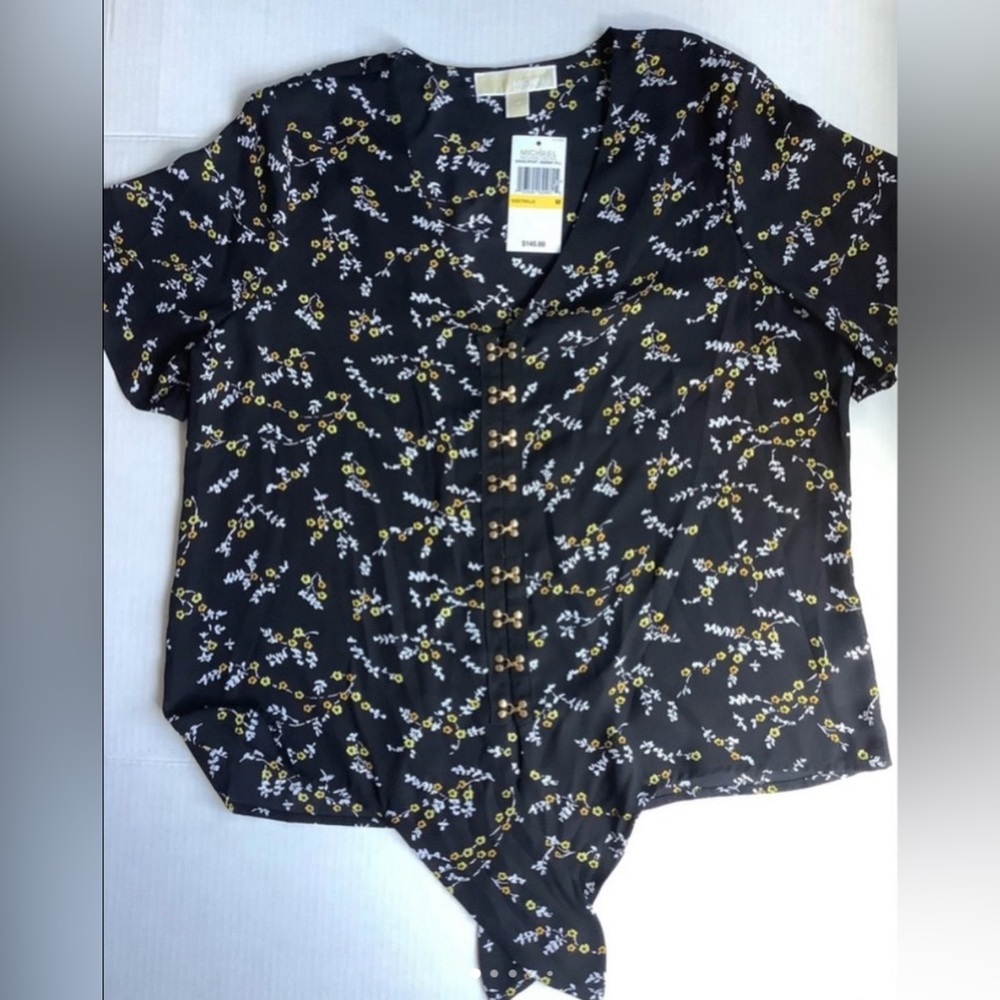 Michael Kors womens short sleeve blouse/top.  Black, white, yellow floral.